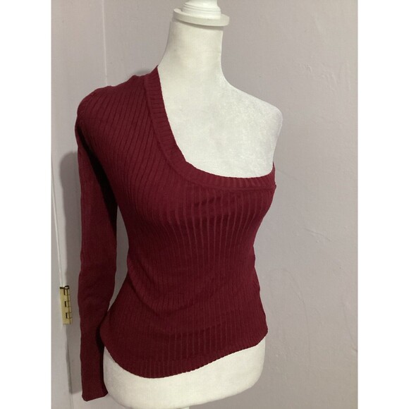 Lulus Red Ribbed One Shoulder Pullover Long Sleeve Blouse S - Picture 2 of 5
